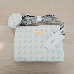 Nicole Miller Crossbody Shoulder Bag Purse Monogram Bone Creme Cream Top Zip